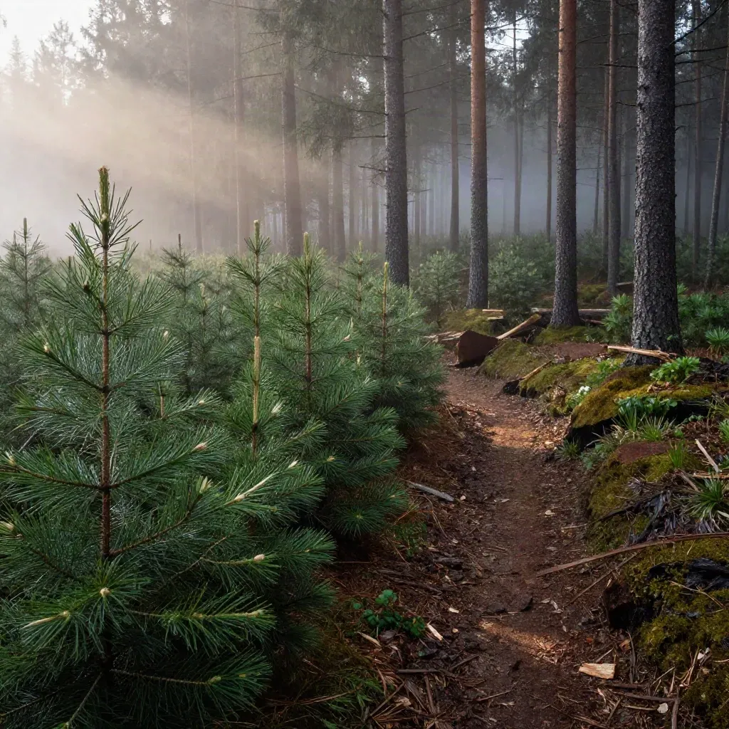 Saplings glow beside a measured cut line under dawn fog at the forest edge.