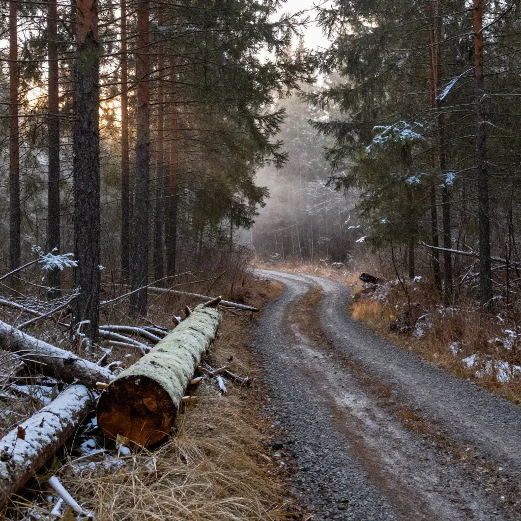Snow-dusted balsam fir and a gravel spur in a Quebec forest block at dusk
