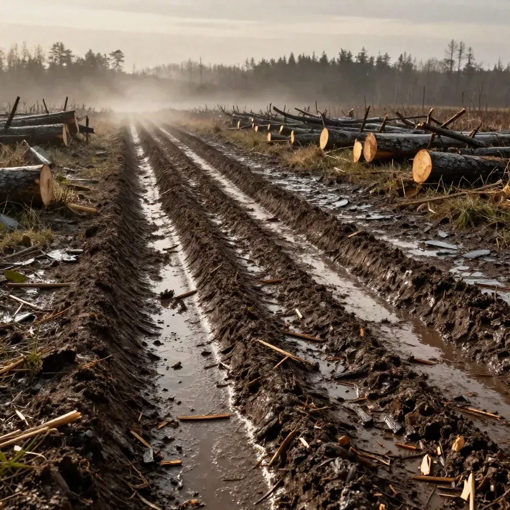 Rain-slick harvest ruts and slash in a cut block, steam rising toward a clearing.