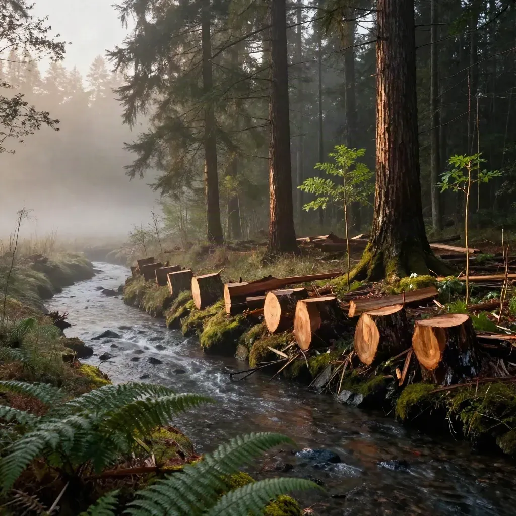 Restored timber block edge with stream buffer, regrowth, and misty dawn light